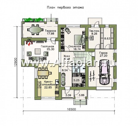 «Северная корона» - проект двухэтажного коттеджа, с террасой, план  дома с кабинетом на 1 эт, гараж на 1 авто, в стиле модерн - превью план дома
