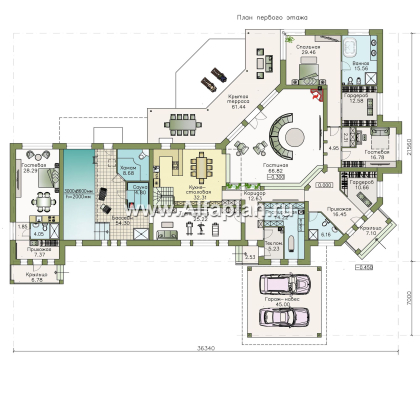 Проекты домов Альфаплан - «Модуль» — проект одноэтажного дома, со спортзалом и сауной, с бассейном и гостевой квартирой - превью плана проекта №1