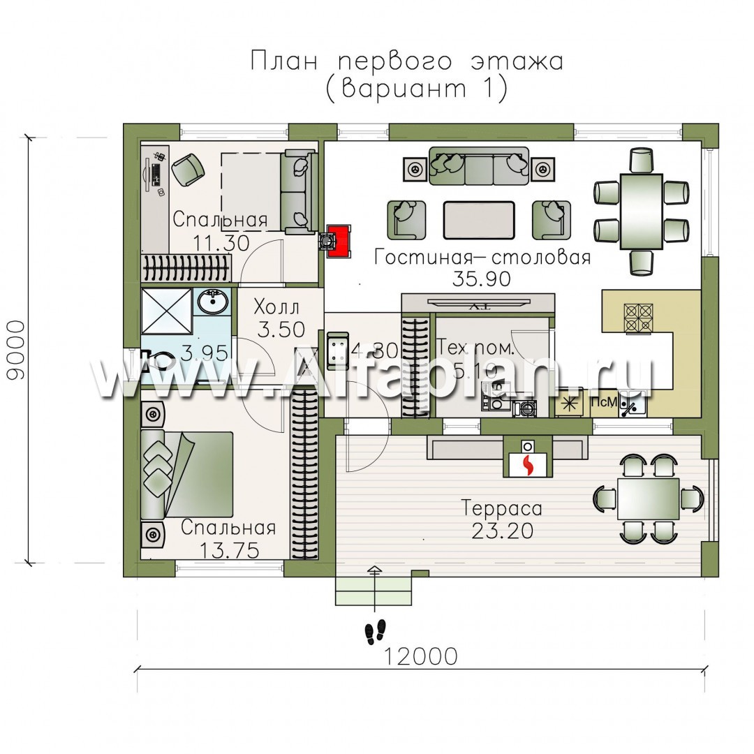 Проекты домов Альфаплан - «Бета» - стильный каркасный коттедж с террасой - изображение плана проекта №1