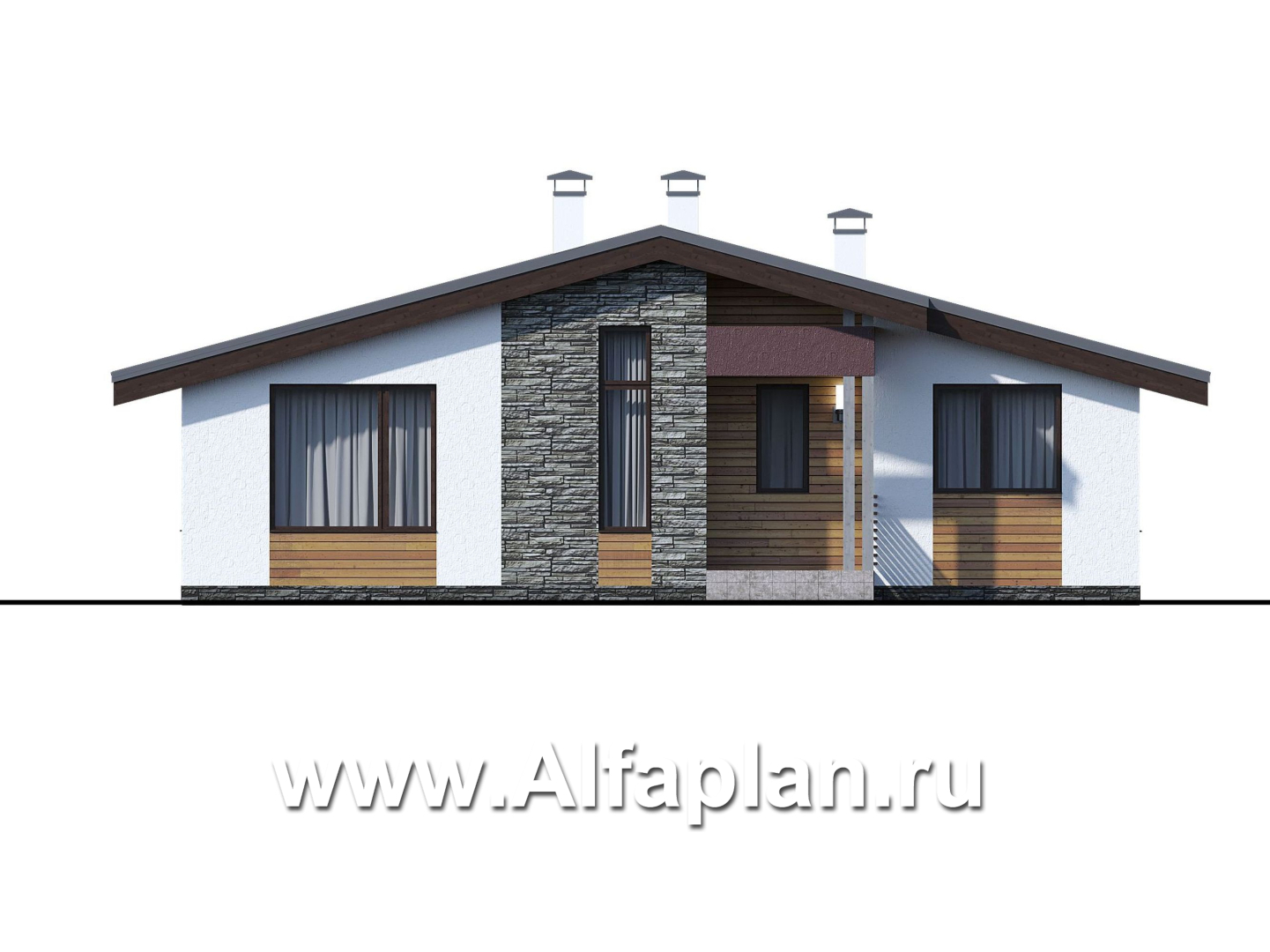 Проекты домов Альфаплан - «Дзета» - одноэтажный каркасный дом с просторной гостиной-столовой - изображение фасада №1
