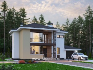 Превью проекта ««Формула успеха» - красивый проект двухэтажного дома, из газобетона, с угловыми окнами, с гаражом»