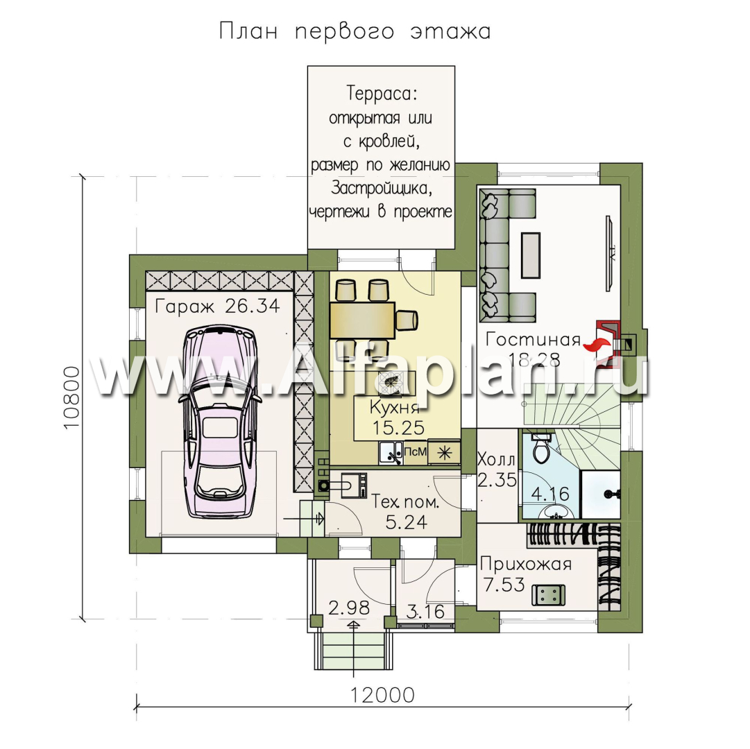 Проекты домов Альфаплан - «Каюткомпания» - экономичный дом для небольшой семьи с гаражом - план проекта №1