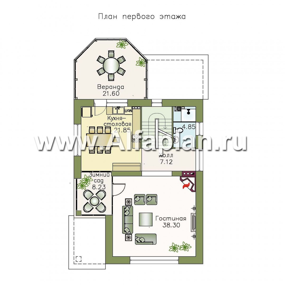 Проекты домов Альфаплан - Компактный дом с большим гаражом, верандой и зимним садом - изображение плана проекта №2