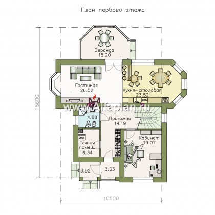 «Белоостров» - красивый проект двухэтажного дома, планировка с кабинетом на 1 эт, терраса, эркер в столовой - превью план дома