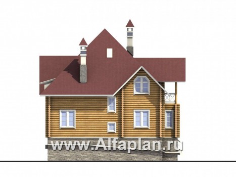 «Транк Хаус» - проект деревянного дома, из бревен, с террасой, и цокольным этажом из кирпичей - превью фасада дома