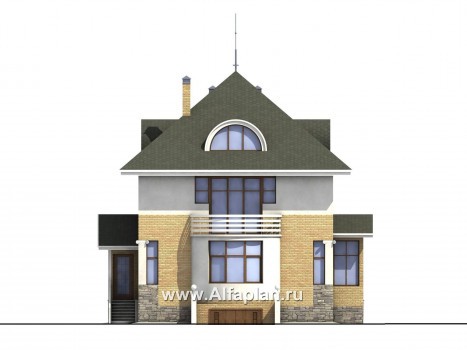 «Дом светлячка» - проект двухэтажного дома, с мансардой и с эркером, из блоков, квадратный в плане - превью фасада дома