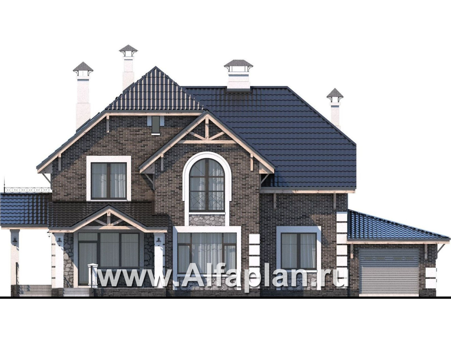 Проекты домов Альфаплан - «Ясная поляна»- коттедж для большой семьи с гаражом и бильярдной - изображение фасада №1