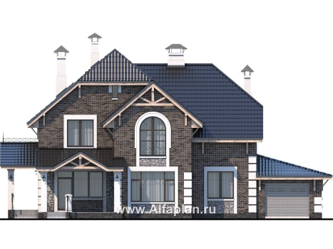 Проекты домов Альфаплан - «Ясная поляна»- коттедж для большой семьи с гаражом и бильярдной - превью фасада №1