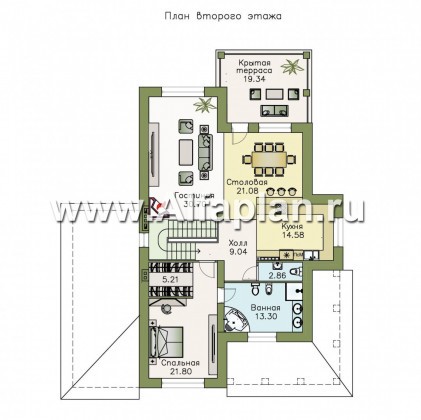 «Беатрис» - проект двухэтажного дома из кирпича, планировка с гостиной и столовой на 2-ом этаже («перевертыш») - превью план дома