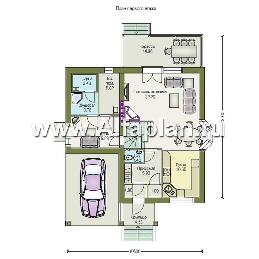 Проекты домов Альфаплан - «Премьера» - компактный дом с навесом для машины - план проекта №1