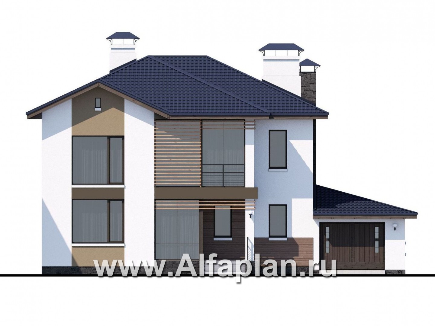 Проекты домов Альфаплан - «Седьмая высота» - современный коттедж с гаражом и просторной верандой - изображение фасада №1