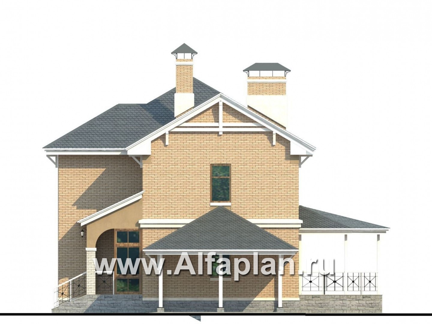 Проекты домов Альфаплан - «Гармония» - двухэтажный коттедж с навесом для машины и террасой - изображение фасада №2