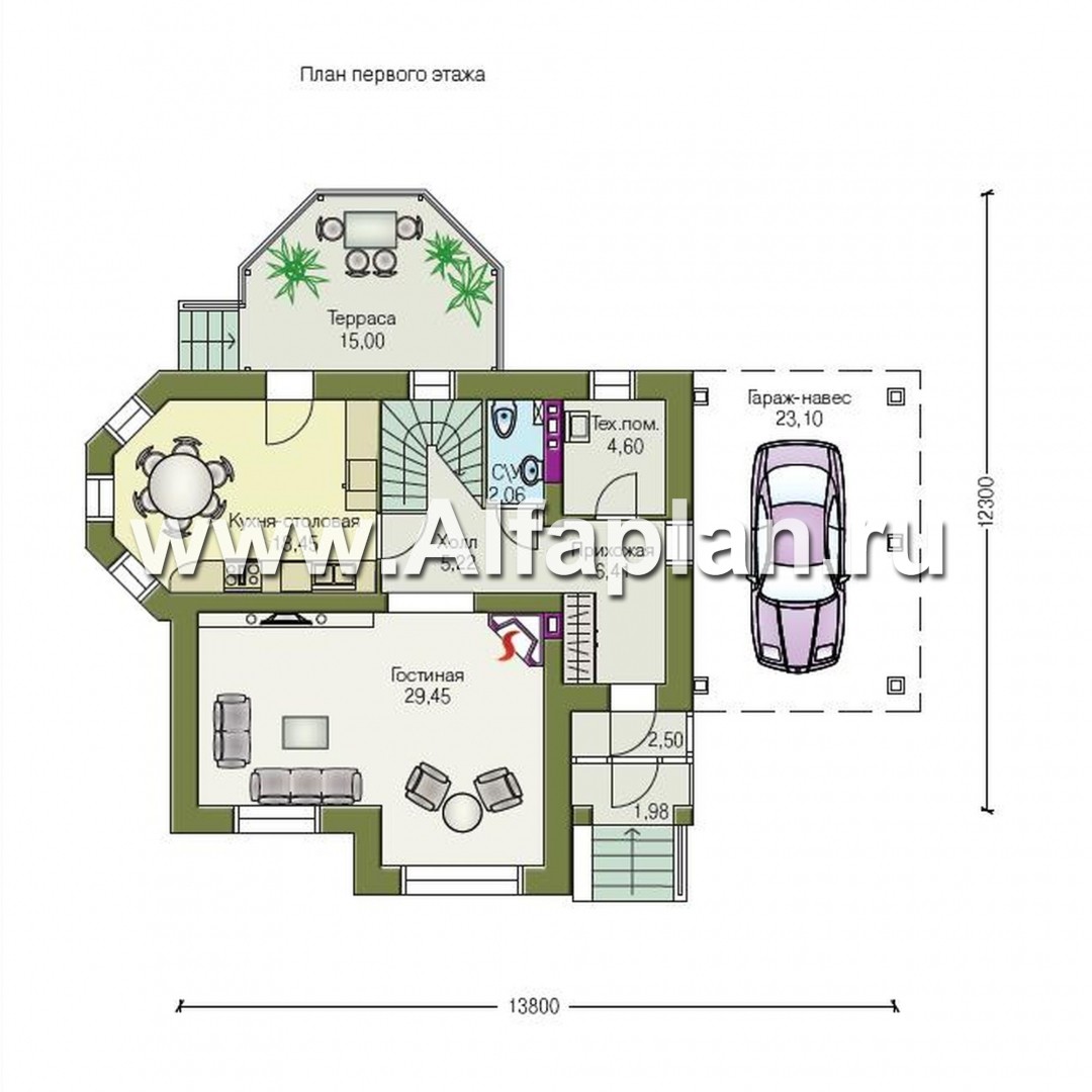 Проекты домов Альфаплан - «Гармония» - двухэтажный коттедж с навесом для машины и террасой - план проекта №1