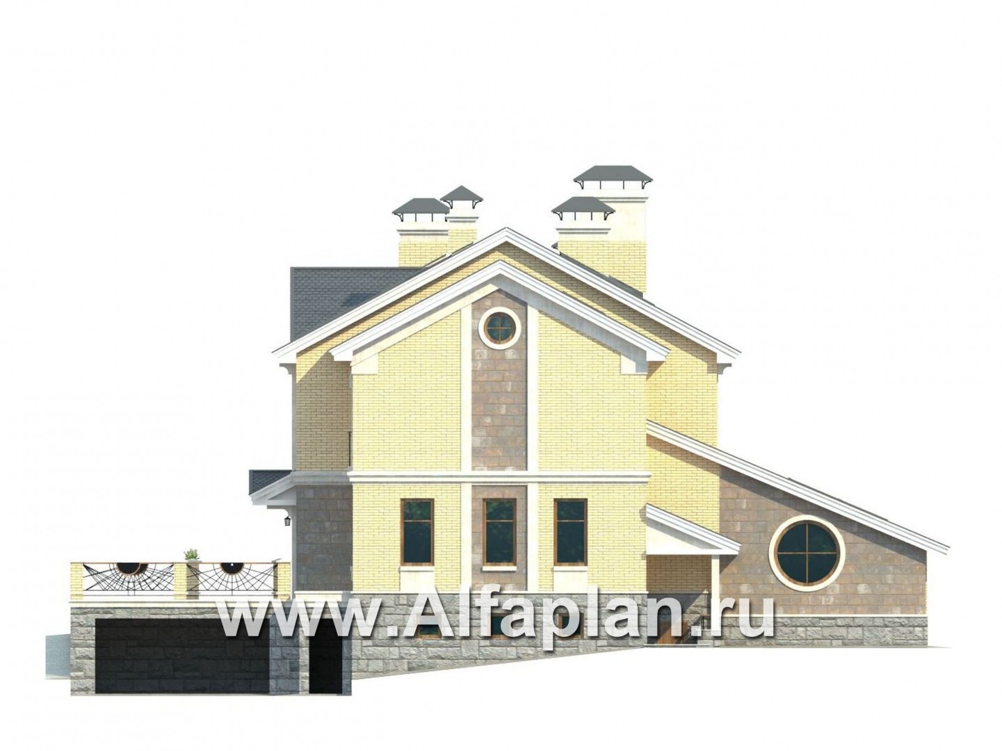 Проекты домов Альфаплан - «Поместье» - проект двухэтажного дома, с мансардойи двусветной гостиной, вилла в классическом стиле - изображение фасада №2