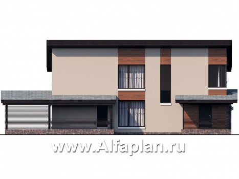 «Писарро» - проект двухэтажного дома для узкого участка, с террасой и сауной, с односкатной кровлей в стиле минимализм - превью фасада дома