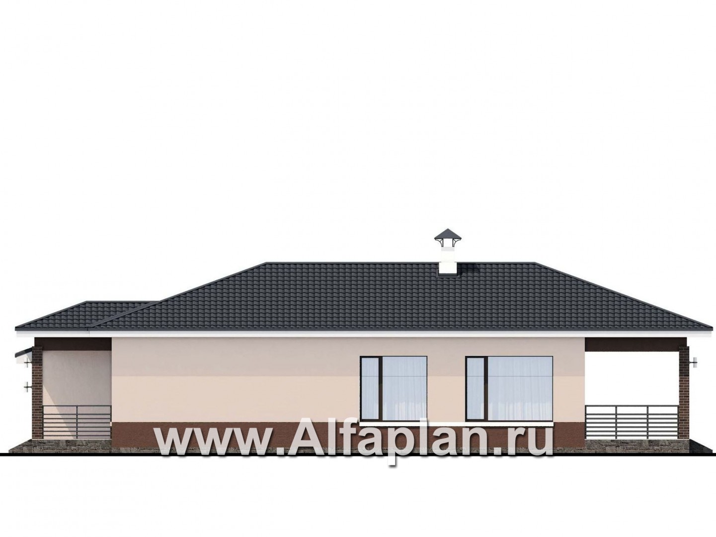 Проекты домов Альфаплан - «Каллиопа» - одноэтажный дом с террасой и гаражом (три спальни) - изображение фасада №2