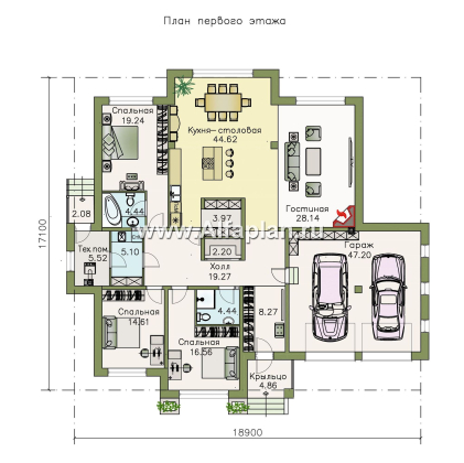 «Калипсо» - проект одноэтажного дома, планировка 3 спальни, с гаражом на 2 авто - превью план дома