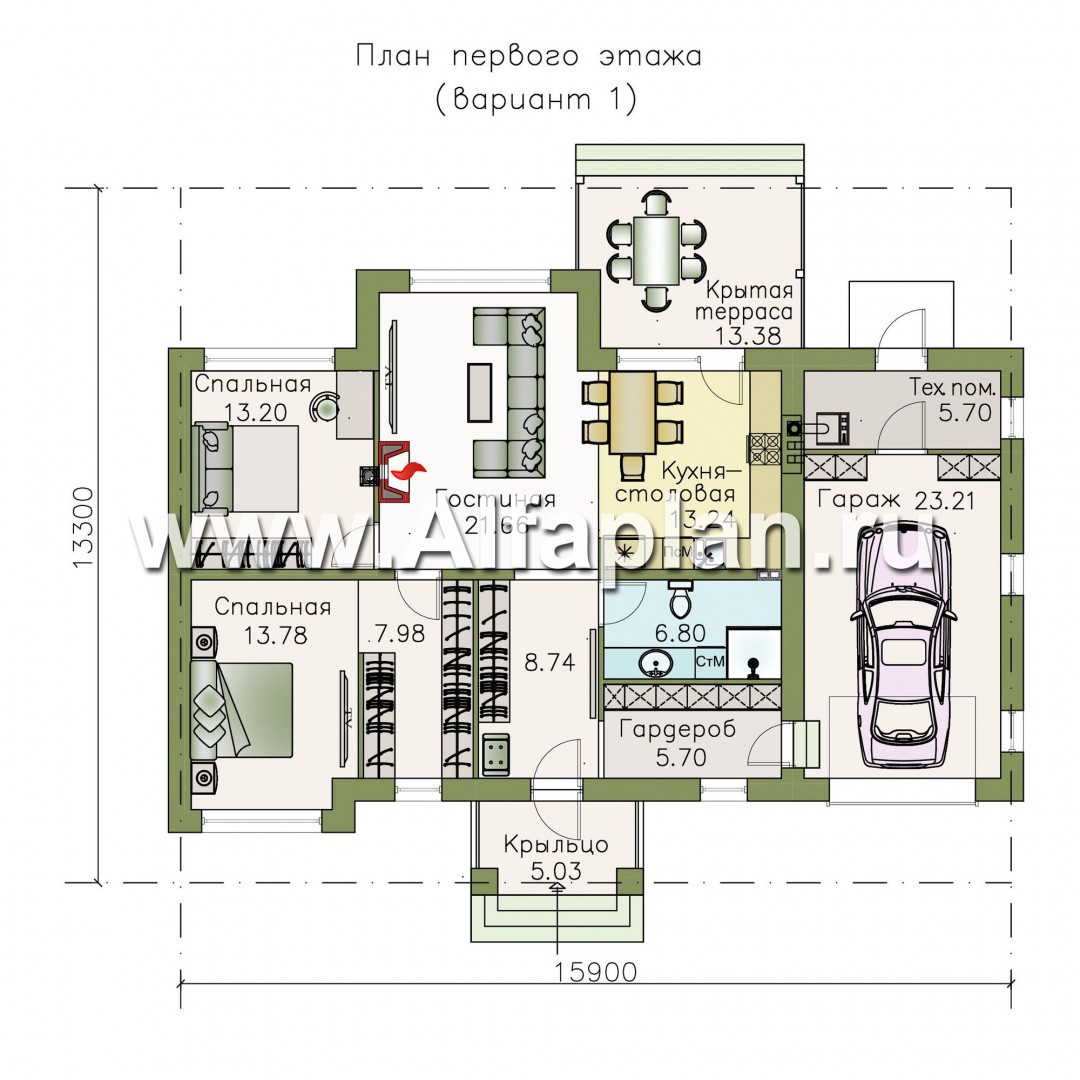 Проекты домов Альфаплан - «Бирюса» - одноэтажный коттедж для небольшой семьи, с теплым гаражом - план проекта №1