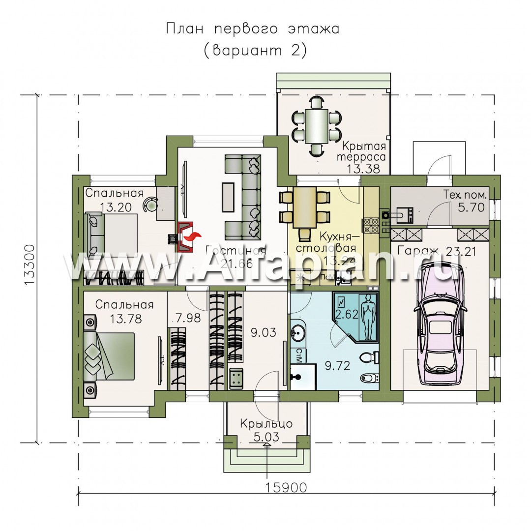 Проекты домов Альфаплан - «Бирюса» - одноэтажный коттедж для небольшой семьи, с теплым гаражом - изображение плана проекта №2