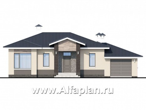 Проекты домов Альфаплан - «Бирюса» - одноэтажный коттедж для небольшой семьи, с теплым гаражом - превью фасада №1