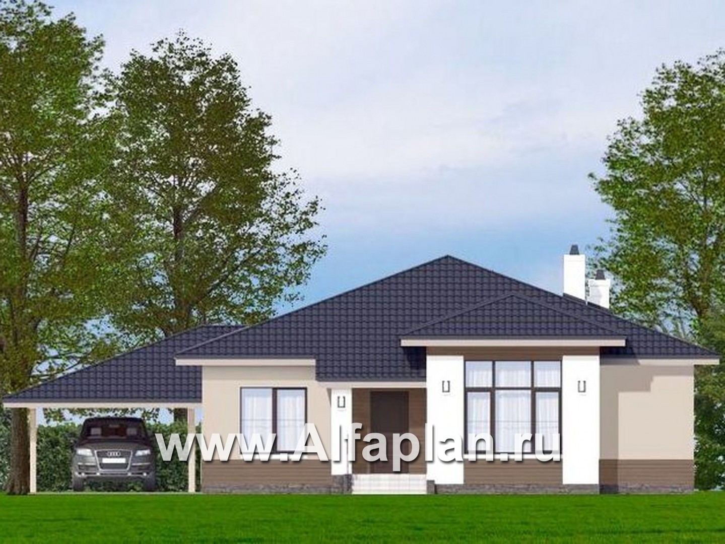 Проекты домов Альфаплан - «Княженика» - экономичный одноэтажный дом с навесом для машины - основное изображение