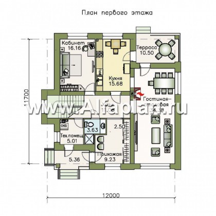 «Простор» -  проект двухэтажного дома из кирпича, планировка с высокой гостиной, в американском стиле - превью план дома