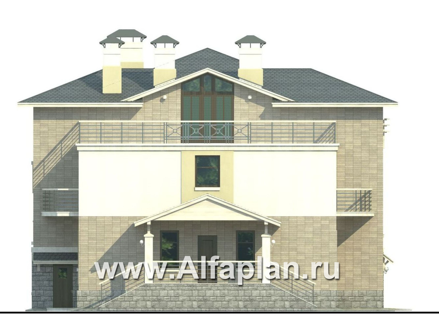Проекты домов Альфаплан - «Три  семерки» - проект трехэтажного дома, гараж в цоколе, второй свет и панорамные окна, современный дизайн дома - изображение фасада №3