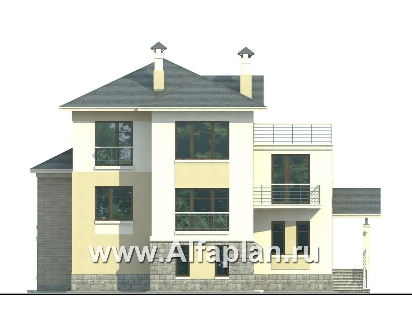 Проекты домов Альфаплан - «Три  семерки» - проект трехэтажного дома, гараж в цоколе, второй свет и панорамные окна, современный дизайн дома - изображение фасада №4