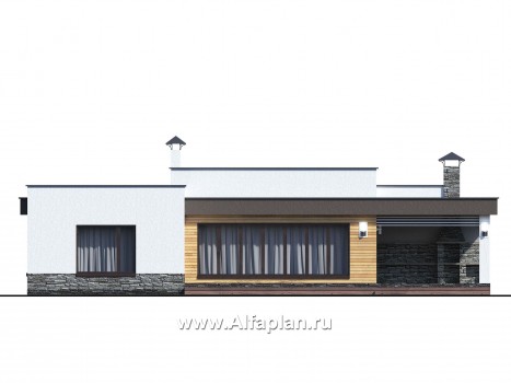 «Ниагара» - проект одноэтажного дома из газобетона, в стиле хай-тек, с террасой и с плоской кровлей - превью фасада дома