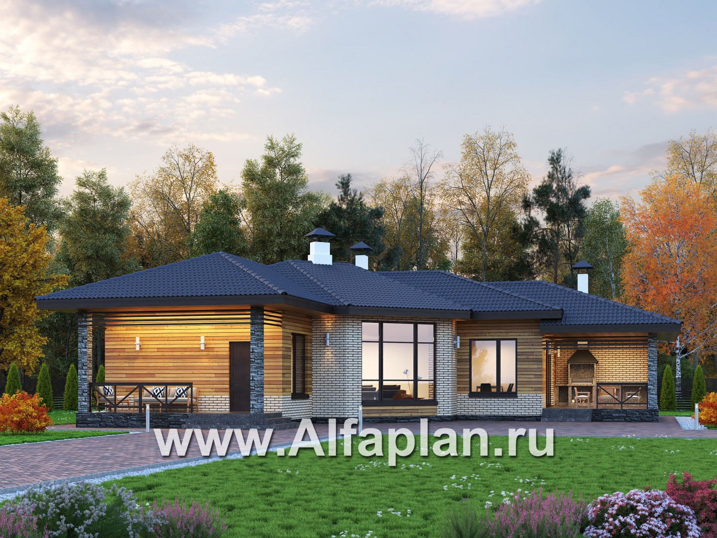 Проекты домов Альфаплан - "Ореол" - проект углового одноэтажного дома с террасой - основное изображение