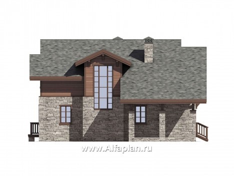 Проект дома с мансардой, планировка со вторым светом и с террасой, навес на 1 авто, в стиле шале - превью фасада дома