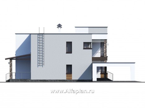 Проекты домов Альфаплан - «Престиж» - проект удобного и просторного дома с плоской кровлей, и гаражом-навесом - превью фасада №2