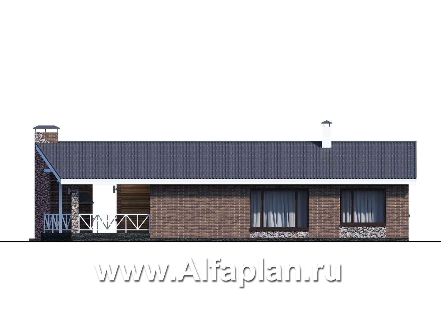 Проекты домов Альфаплан - «Персефона» - современный одноэтажный коттедж с барбекю на террасе - изображение фасада №4