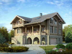 «Традиция» - проект дом с мансардой из бревен, с гаражом и сауной в каменном цоколе,  с террасой