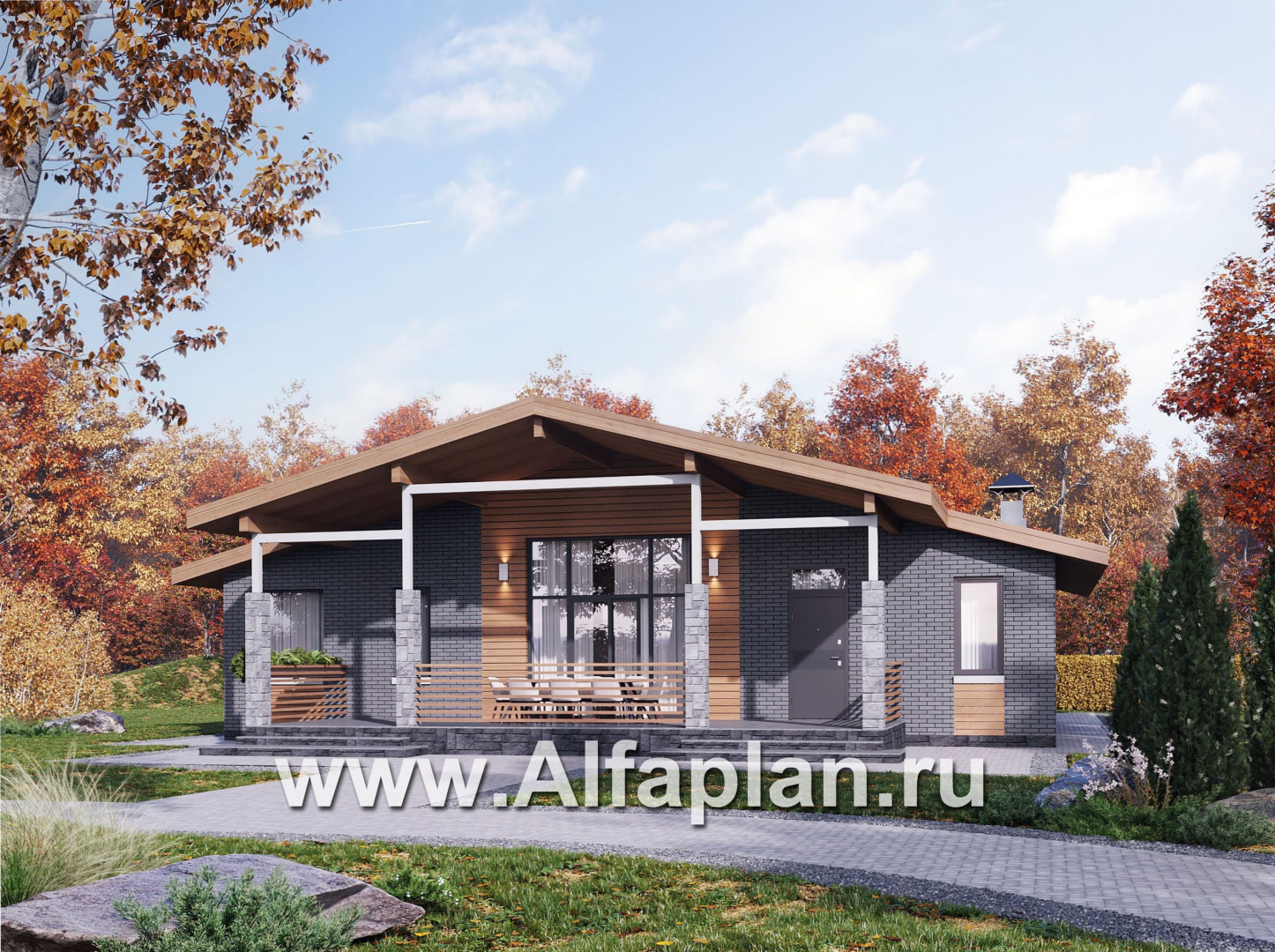 Проекты домов Альфаплан - "Форест" - проект одноэтажного дома с большой террасой - основное изображение