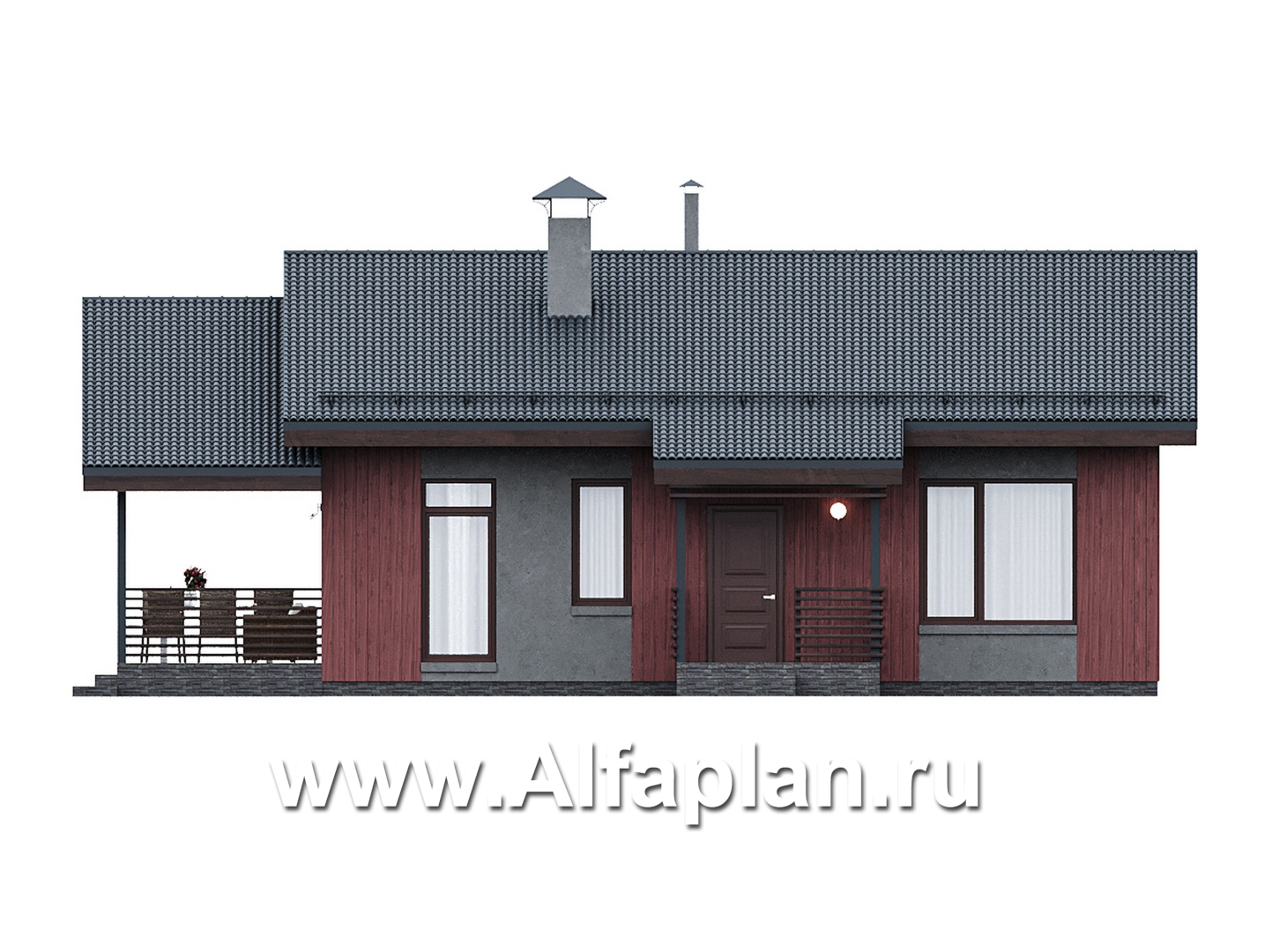 Проекты домов Альфаплан - "Литен" - проект маленького одноэтажного дома с комфортной планировкой, с террасой - изображение фасада №1