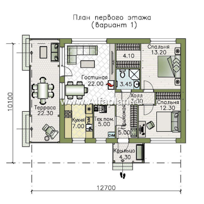 Проекты домов Альфаплан - "Литен" - проект маленького одноэтажного дома с комфортной планировкой, с террасой - превью плана проекта №1