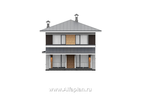 Проекты домов Альфаплан - "Генезис" - проект дома, 2 этажа, с остекленной террасой в стиле Райта - превью фасада №4
