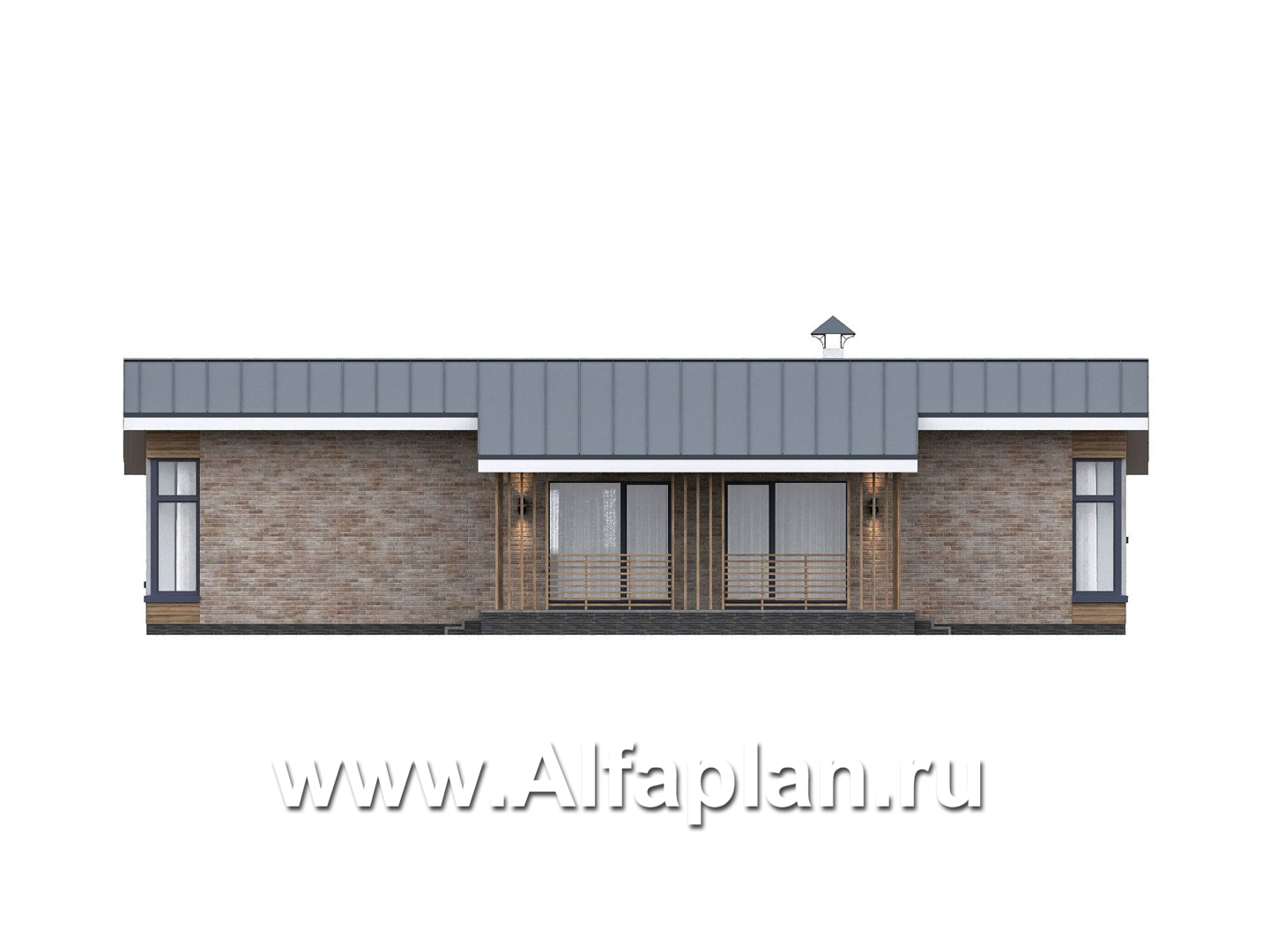 Проекты домов Альфаплан - "Алладин" - проект одноэтажного дома, мастер спальня, с террасой и красивым потолком гостиной со стропилами - изображение фасада №3