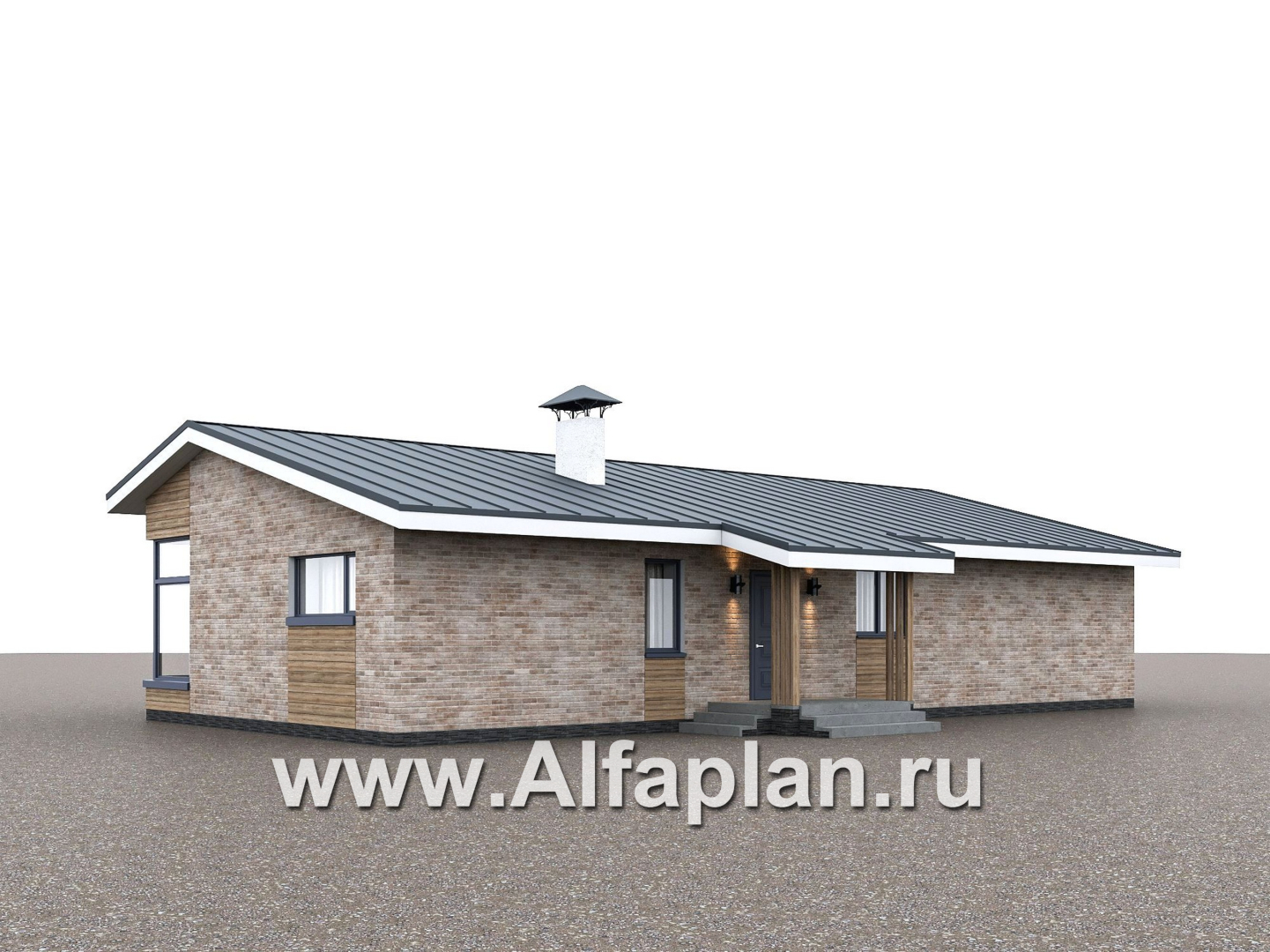 Проекты домов Альфаплан - "Алладин" - проект одноэтажного дома, мастер спальня, с террасой и красивым потолком гостиной со стропилами - дополнительное изображение №3