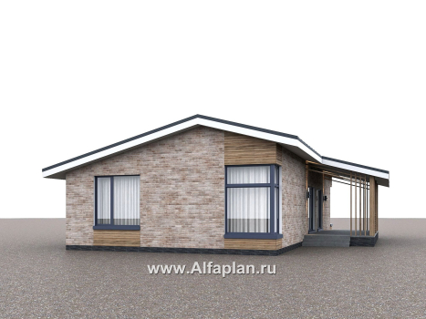 Проекты домов Альфаплан - "Алладин" - проект одноэтажного дома, мастер спальня, с террасой и красивым потолком гостиной со стропилами - превью дополнительного изображения №2