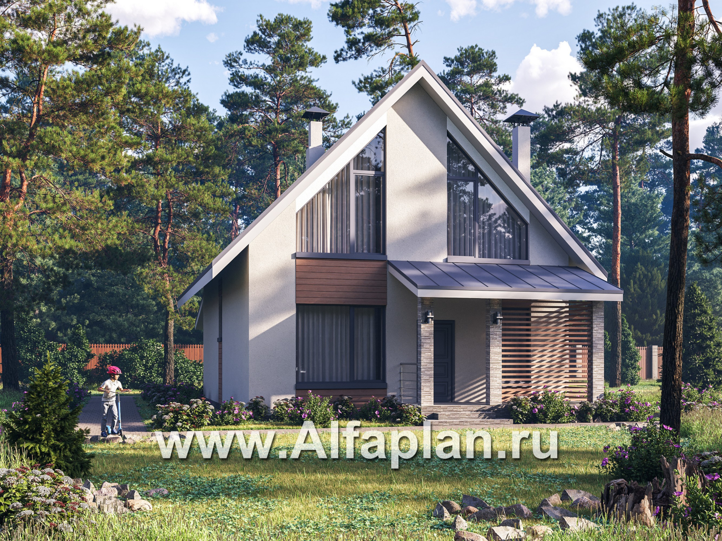 Проекты домов Альфаплан - "Генезис" - проект дома с мансардой, с террасой в современном стиле - основное изображение