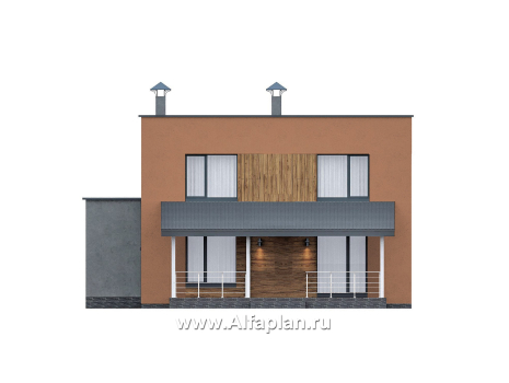 Проекты домов Альфаплан - "Коронадо" - проект дома, 2 этажа, с террасой и плоской крышей, мастер спальня, в стиле хай-тек - превью фасада №4