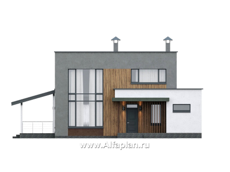 Проекты домов Альфаплан - "Коронадо" - проект дома, 2 этажа, со вторым светом гостиной, с террасой и плоской крышей, в стиле хай-тек - превью фасада №1