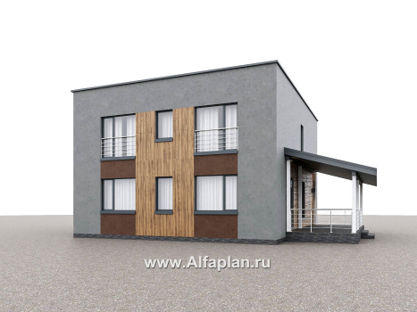 Проекты домов Альфаплан - "Коронадо" - проект дома, 2 этажа, со вторым светом гостиной, с террасой и плоской крышей, в стиле хай-тек - превью дополнительного изображения №1