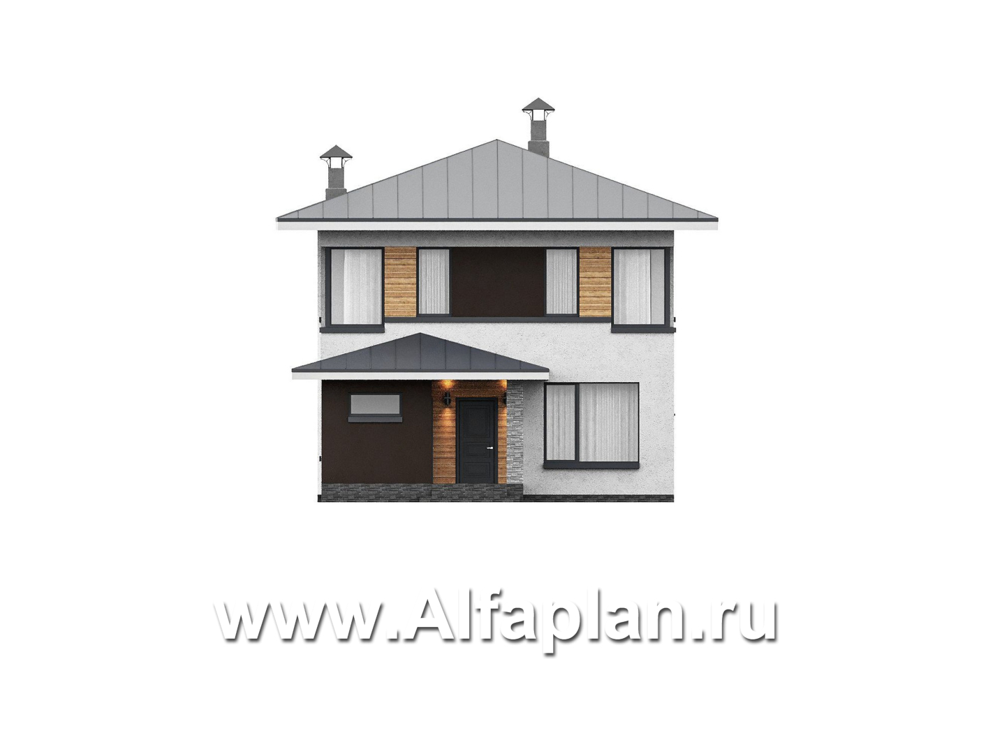 Проекты домов Альфаплан - "Генезис" - проект дома, 2 этажа, с остекленной террасой в стиле Райта - изображение фасада №1