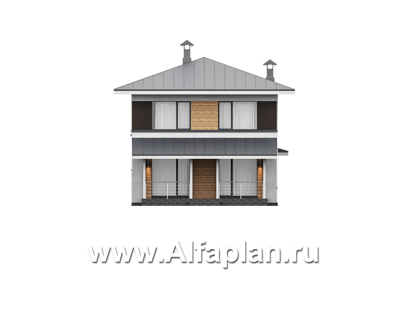 Проекты домов Альфаплан - "Генезис" - проект дома, 2 этажа, с остекленной террасой в стиле Райта - изображение фасада №4