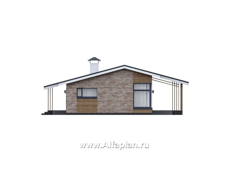 Проекты домов Альфаплан - "Алладин" - проект одноэтажного дома, мастер спальня, с террасой и красивым потолком гостиной со стропилами - превью фасада №1
