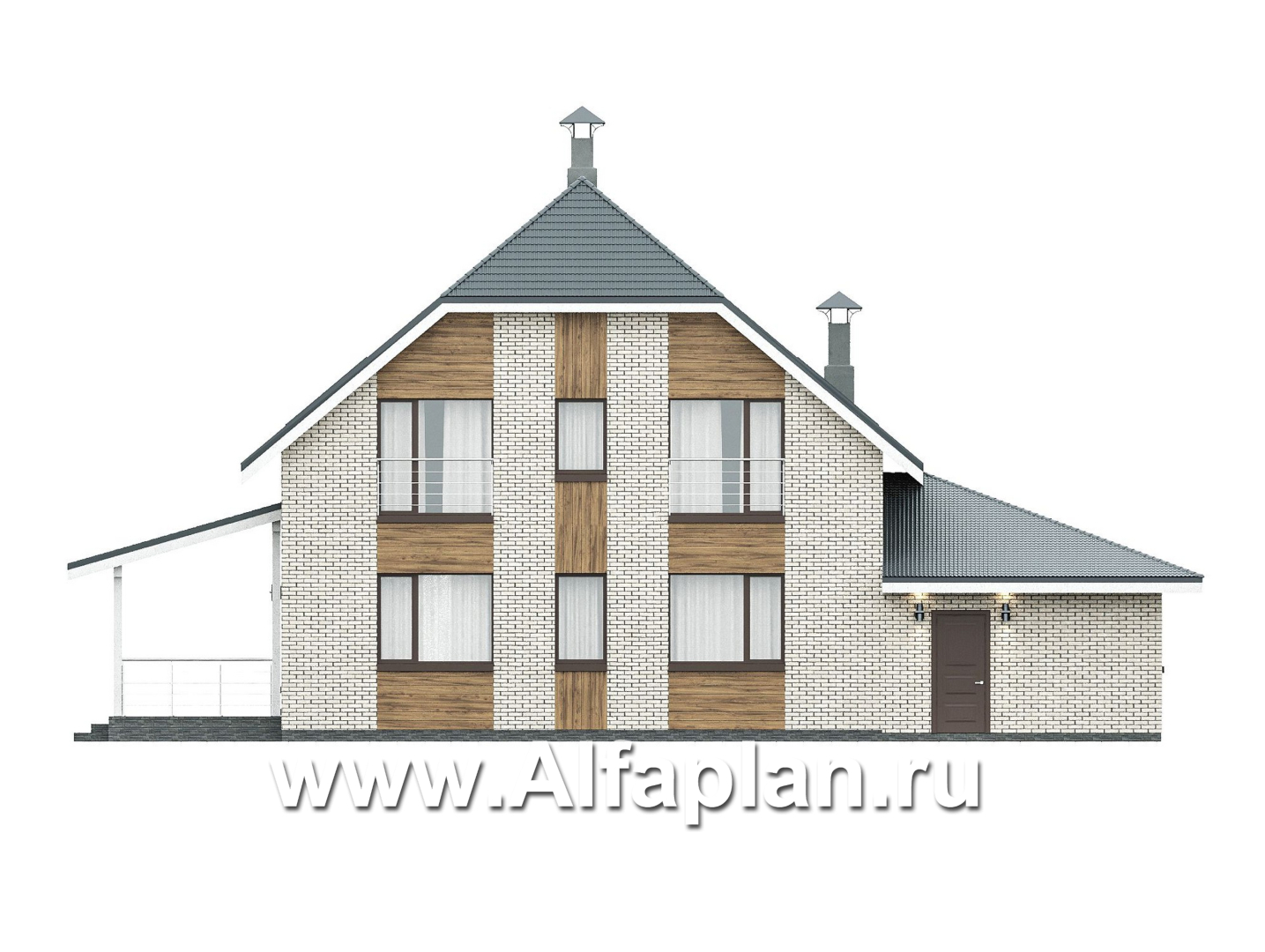 Проекты домов Альфаплан - "Династия" - проект дома с мансардой, мастер спальня, с террасой сбоку и гаражом с мастерской - изображение фасада №4