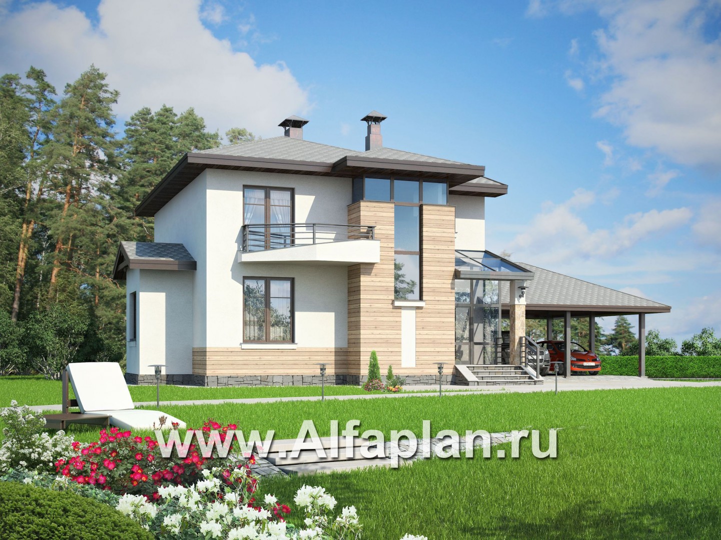 Проекты домов Альфаплан - «Тренд» - современный загородный дом с навесом для машины - основное изображение